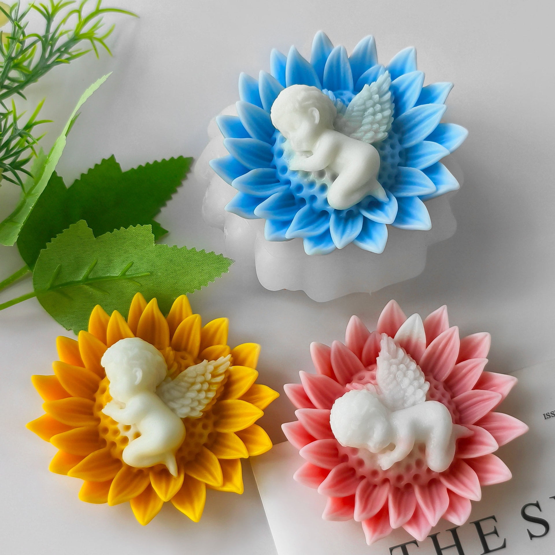 2PCS Flower Candle Molds for Candle Making, 3D Angel Baby in Sunflower Silicone Molds for Soap Making, Resin Casting, Aroma Candle, Wax, Plaster Polymer Clay Home Decor DIY Mother's Gift Baby Shower