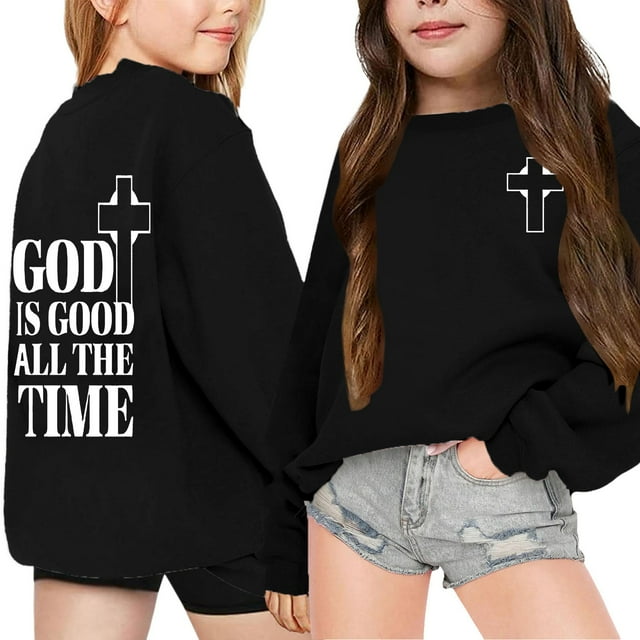 FAOWME Sweat à Capuche Imprimé Lettres Mode pour Filles Décontracté Ample Noir 5-6 Ans
