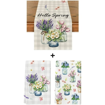 

Buffalo Plaid Lavender Vase Spring Dish Towels 18x26 Inch 2 pcs and Table Runner 13x72 Inch Hellp Spring Kitchen Dining Table Decoration for Outdoor Home Party Decor