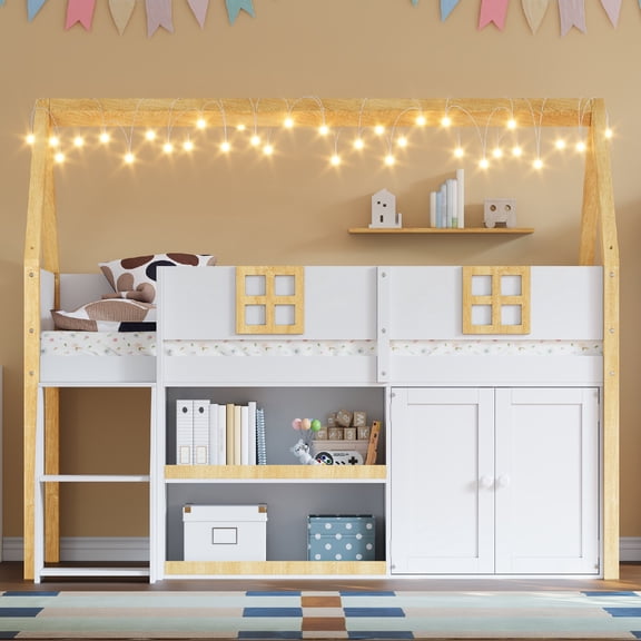 Twin size Loft Bed Frame with Step Staircase and Storage Shelving,Solid Wood Home Beds Frame with Cabinets and LED lights  for Bedroom, Apartment, Mattress not included,Safety Guardrail,White