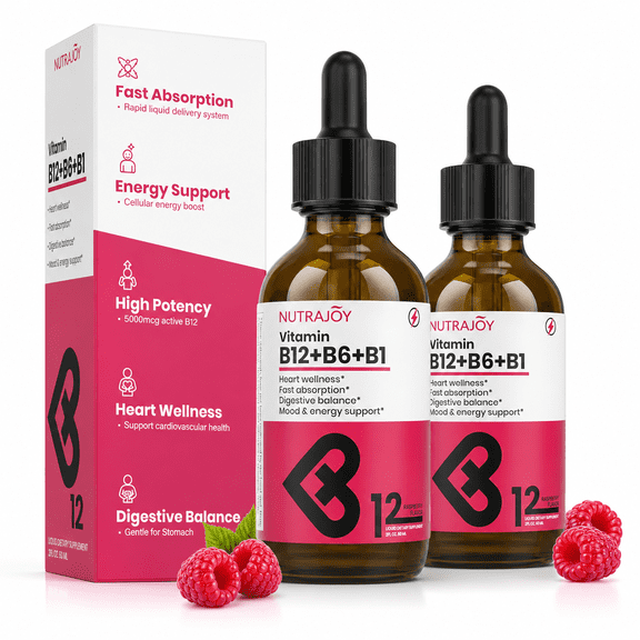 Nutrajoy B12, B6 & B1 Vitamin Liquid Drops Sublingual Methylcobalamin for Energy, Brain and Heart Support, Raspberry Flavor, Vegan, 2 Pack, 4 fl oz