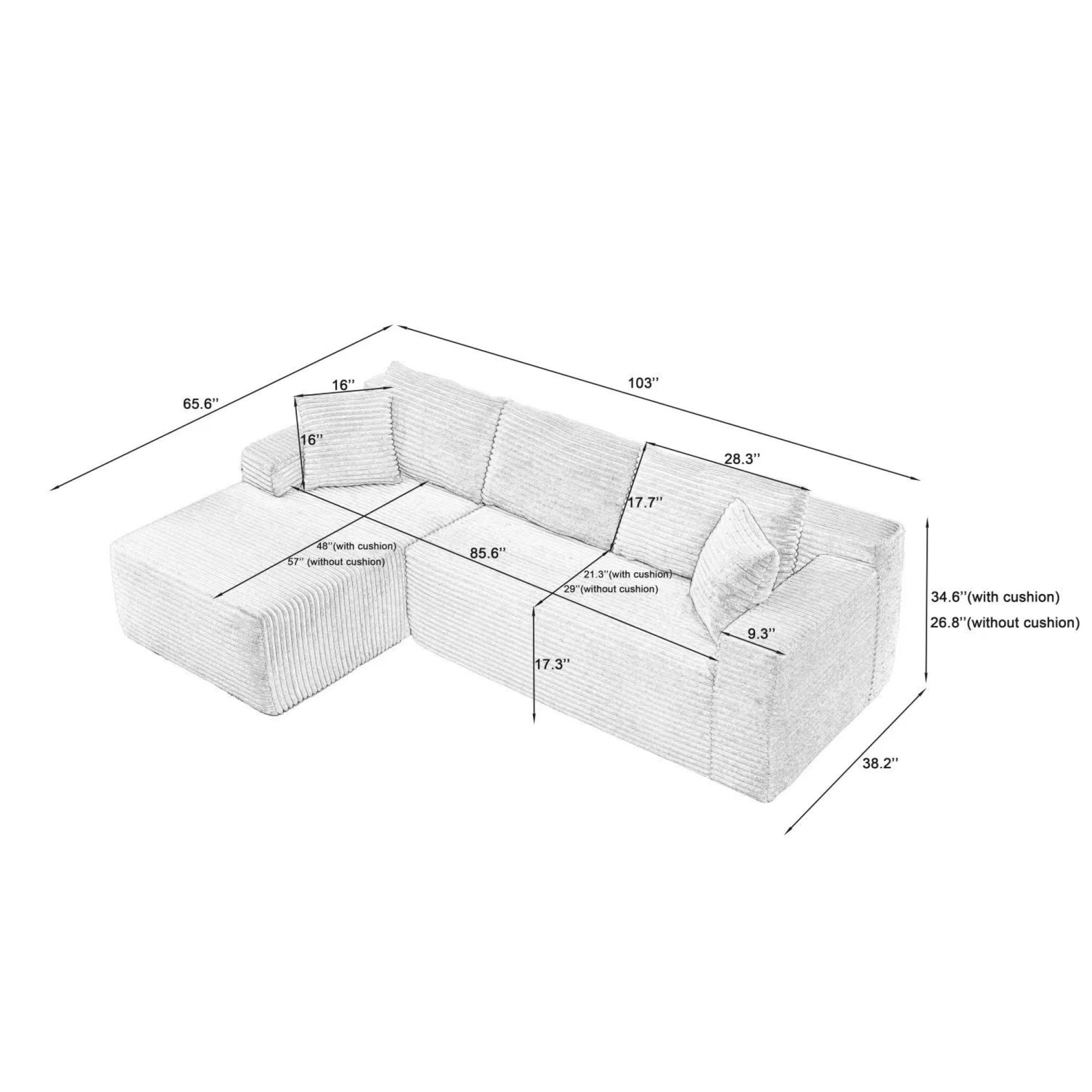 Leumius 103" Cloud Sectional Sofa Couch,3 Seat L-Shaped Couch with Deep Seat,Upholstered Corduroy Cloud Couch for Living Room,No Assembly Required,Dark Gray(Left Facing Chaise)