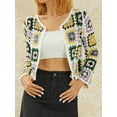 thumbnail image 4 of Caitzr Women Knit Cardigan, Square Print Long Sleeve V-Neck Button Knitwear, 4 of 9