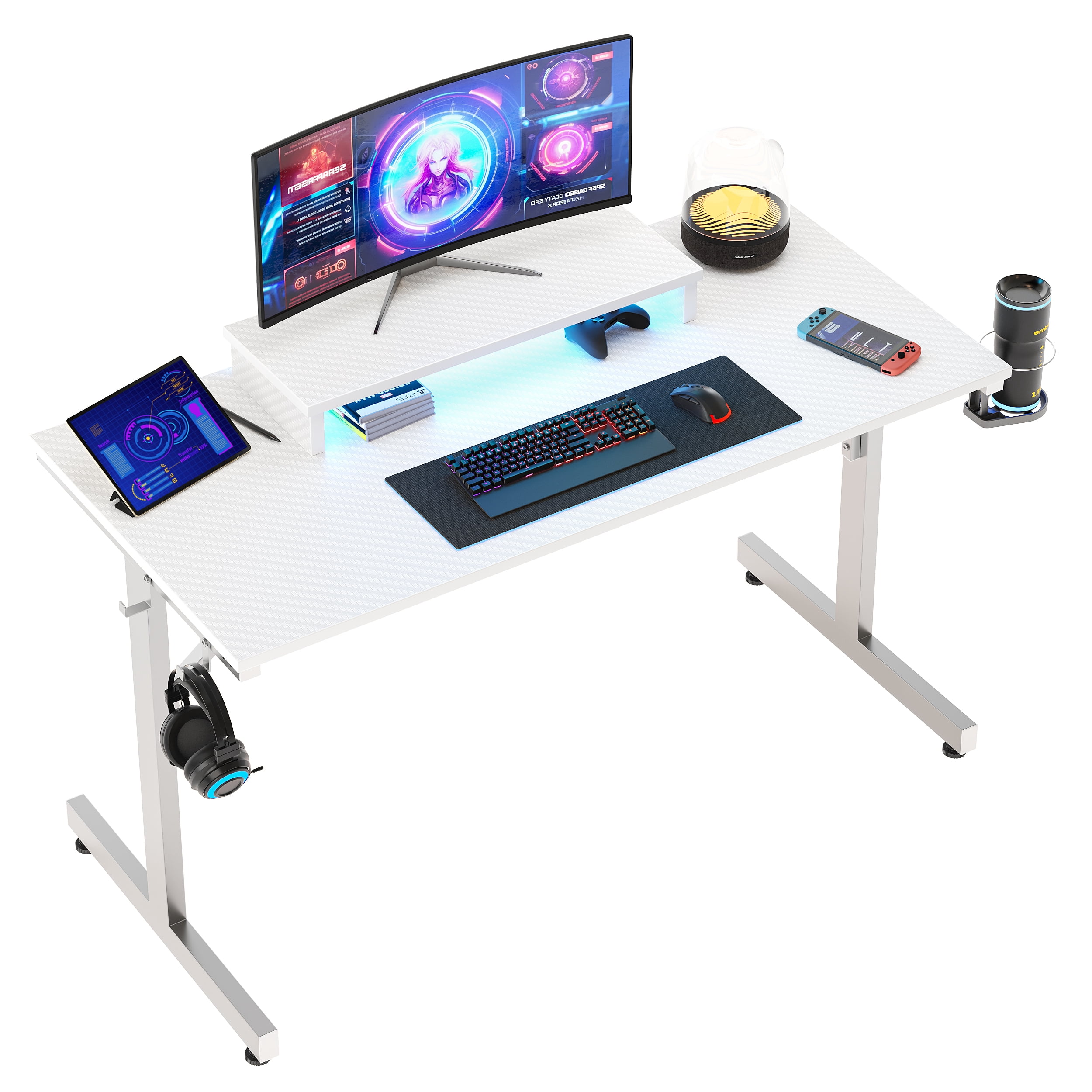 Bestier 42 inch LED Gaming Desk with Monitor Stand PC Computer Gamer Home Office Table in White
