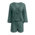 thumbnail image 4 of Conjunto de dos piezas slim de encaje para mujer: top con cuello en V y mangas acampanadas y pantalones cortos, bordado calado, elegante conjunto de fiesta, color liso, 4 of 6