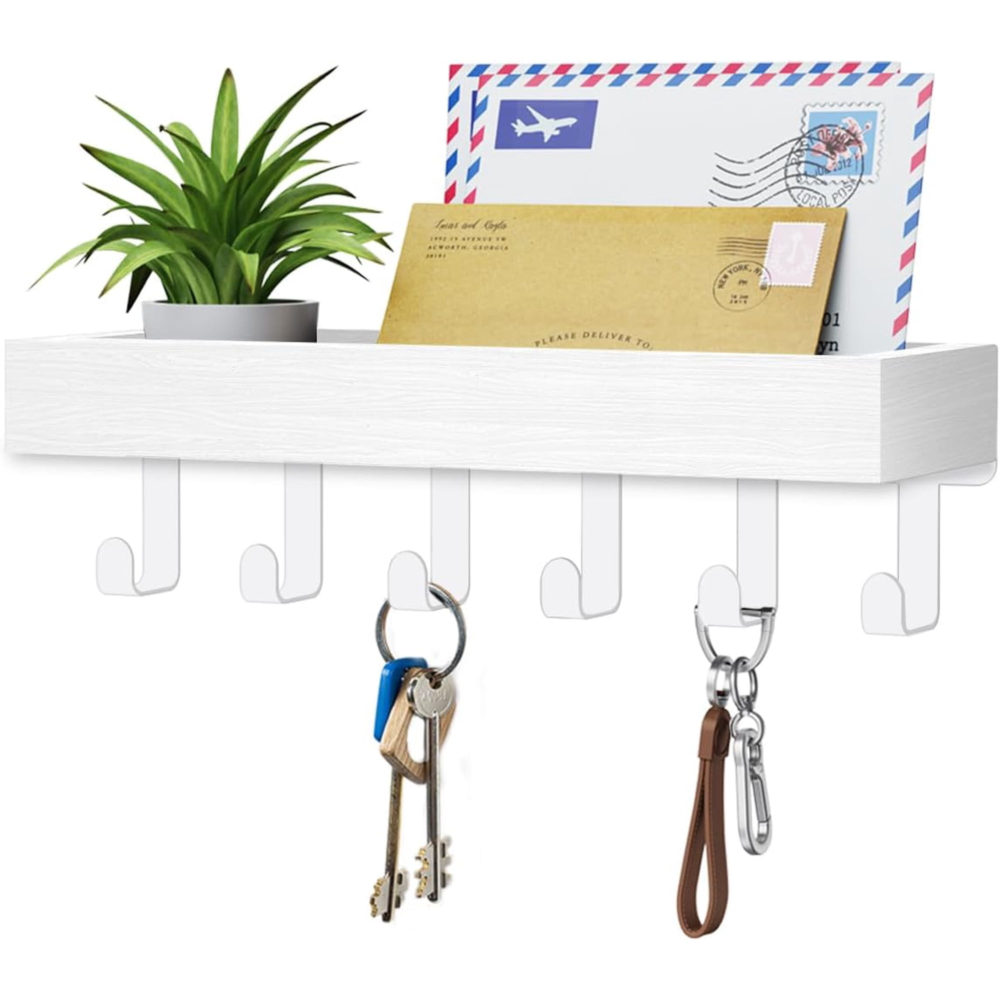 Key Holder Wall Mount Magnetic Adhesive Key Hooks Rack with Shelf | Key Hanger with Mail Organizer for RV Camper Fridge Living Room Decor Home Essentials White