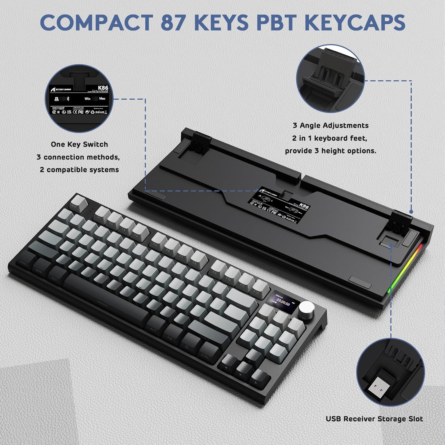 ATTACK SHARK K86 RGB 75% Wireless Gasket Mechanical Keyboard,82 Keys Hot Swappable,4000mAH Battery/CNC Knob & 1.2''HD OLED Digital Display,Custom Linear Switches& Detachable Coiled Cable
