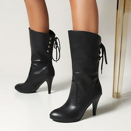 

Ladies Autumn And Winter Fashion Handsome Retro Solid Color Back Lace Stiletto Round Toe Heel Pointed Toe Comfortable Not Grinding Feet In The Boots