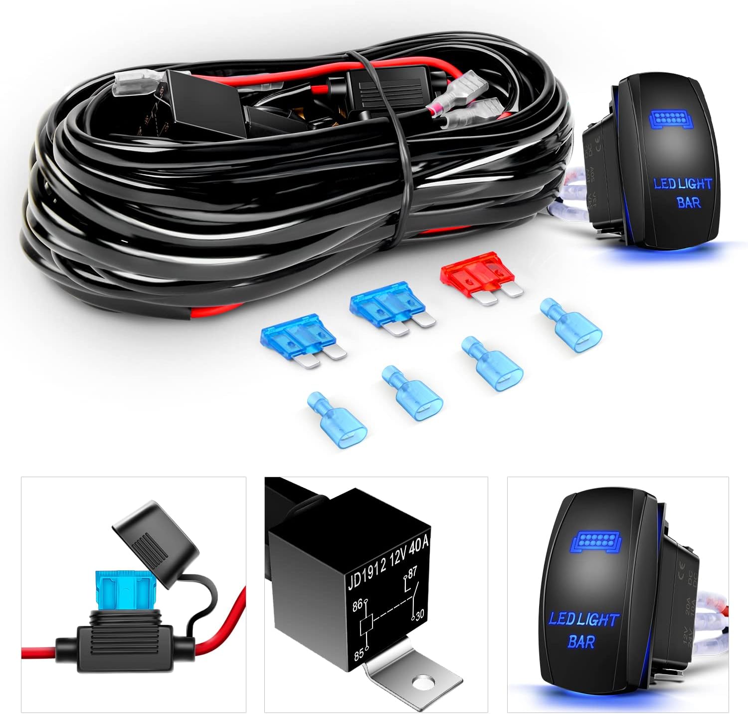 Waywe 2PCS 18W LED Pods Flood Light Bar Fog Light Driving Lighting with 12V 5Pin Rocker Switch Off Road Wiring Harness-2 Leads for Truck Golf Cart SUV ATV UTV Boat