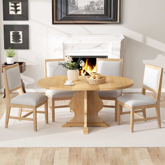 Mintazer 5 Piece Extendable Oval Pedestal Dining Table Set, Farmhouse Expandable Dining Table with 4 Upholstered Chairs for Living Room Dining Room, Natural