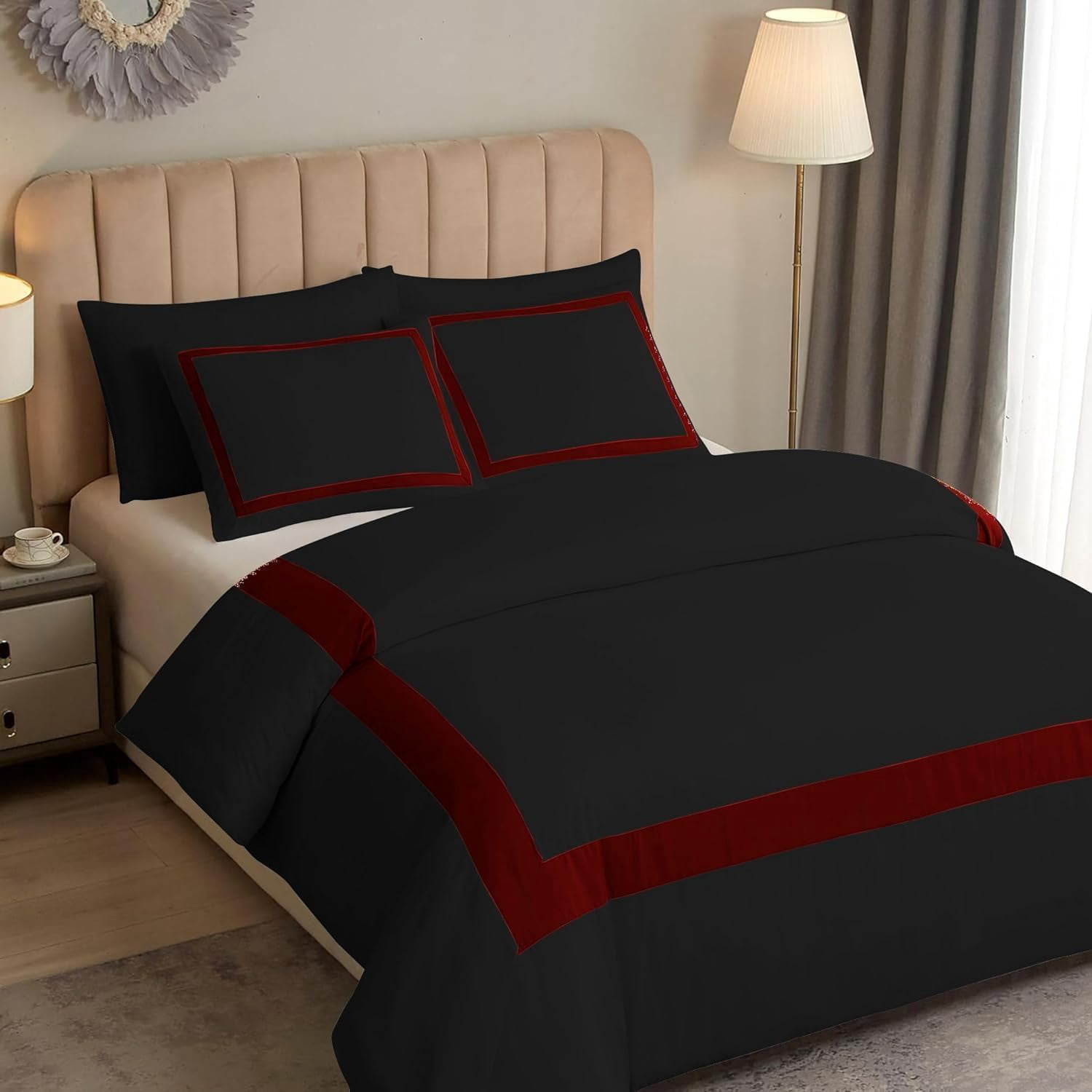 DNG Creations 1 Piece Full Black And Burgundy Border Line Pattern Duvet Cover - 100% Egyptian Cotton, 800 Thread Count ( Oversized King )