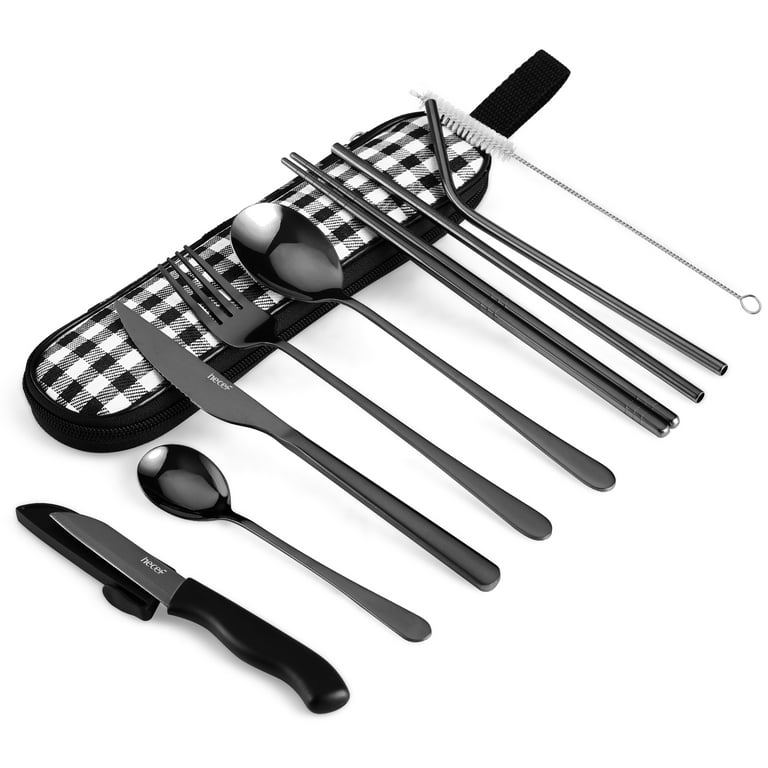 Hecef 11 Pcs Titanium Utensils Portable Reusable Travel Camp Cutlery Set Flatware Silverware Set, Black