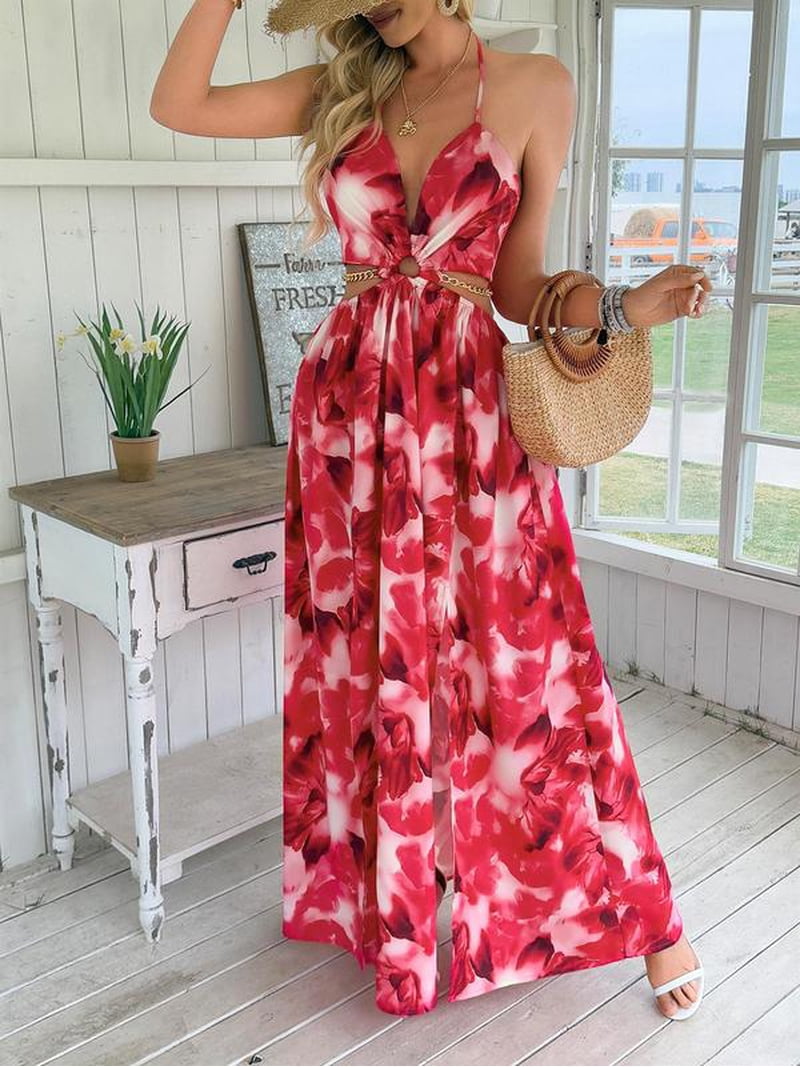 chinese dress ladies Eldrin Backless Floral Ruched Maxi Dress – Mew Mews main image 0
