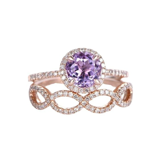 HeartsAndYou 3ct Natural Purple Amethyst Halo Bridal Set Engagement Ring 14k SOLID Rose Gold