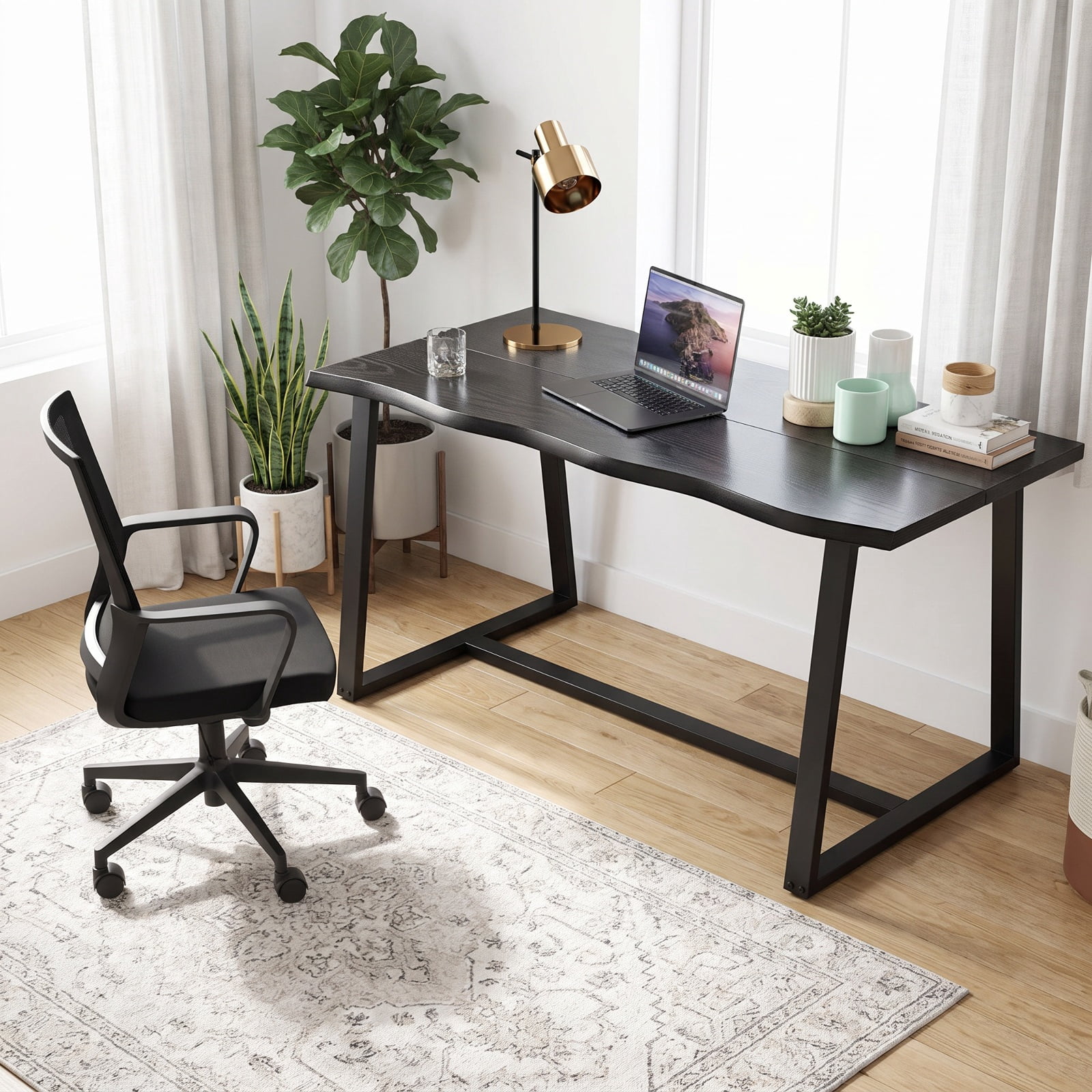 Furnibear 63" Large Dining Table with Wavy Edge and Heavy-duty Metal Frame for Kitchen Dining Room Breakfast Nook Small Space Home, Black