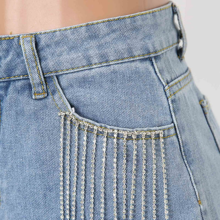 Iopqo Jean Shorts Womens Rhinestone Fringe Denim Shorts Mid Rise Ripped Hem Stretchy Jean Shorts Frayed Distressed Hot ShortsPants for Women Women's