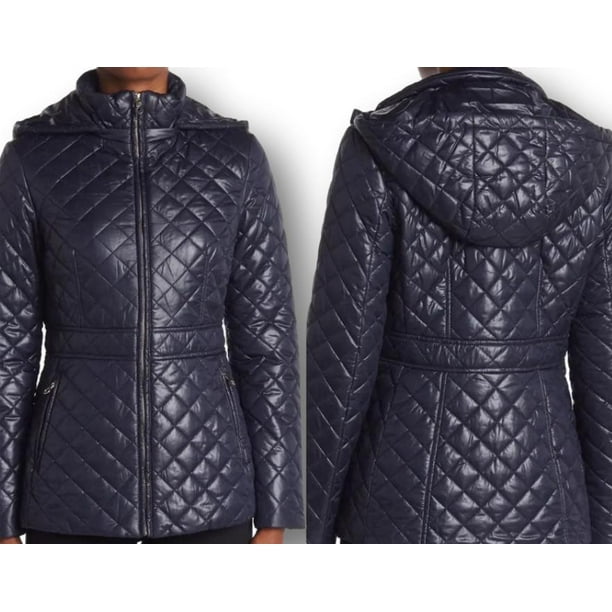 Kate Spade New York Hooded Quilted Coat Navy Large Women's 