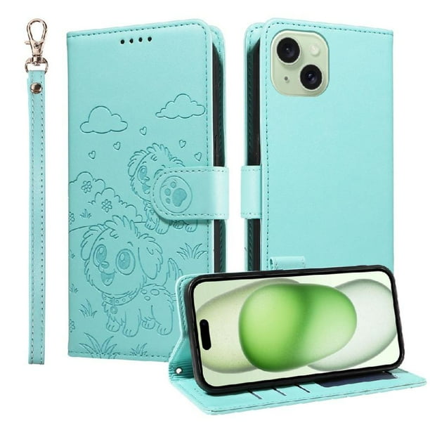 Funda Cartera GANGXUN con Diseño de Perrito en Relieve para iPhone 15 , Protección 360° con Ranuras y Correa Desmontable