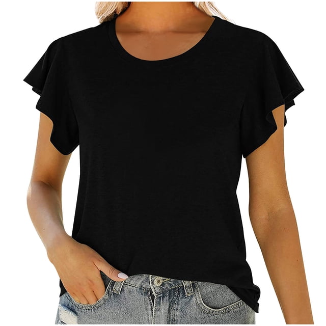Birdeem Fashion Women Round Neck Short Sleeve Ruffle Solid T-Shirt Tops Summer Blouse