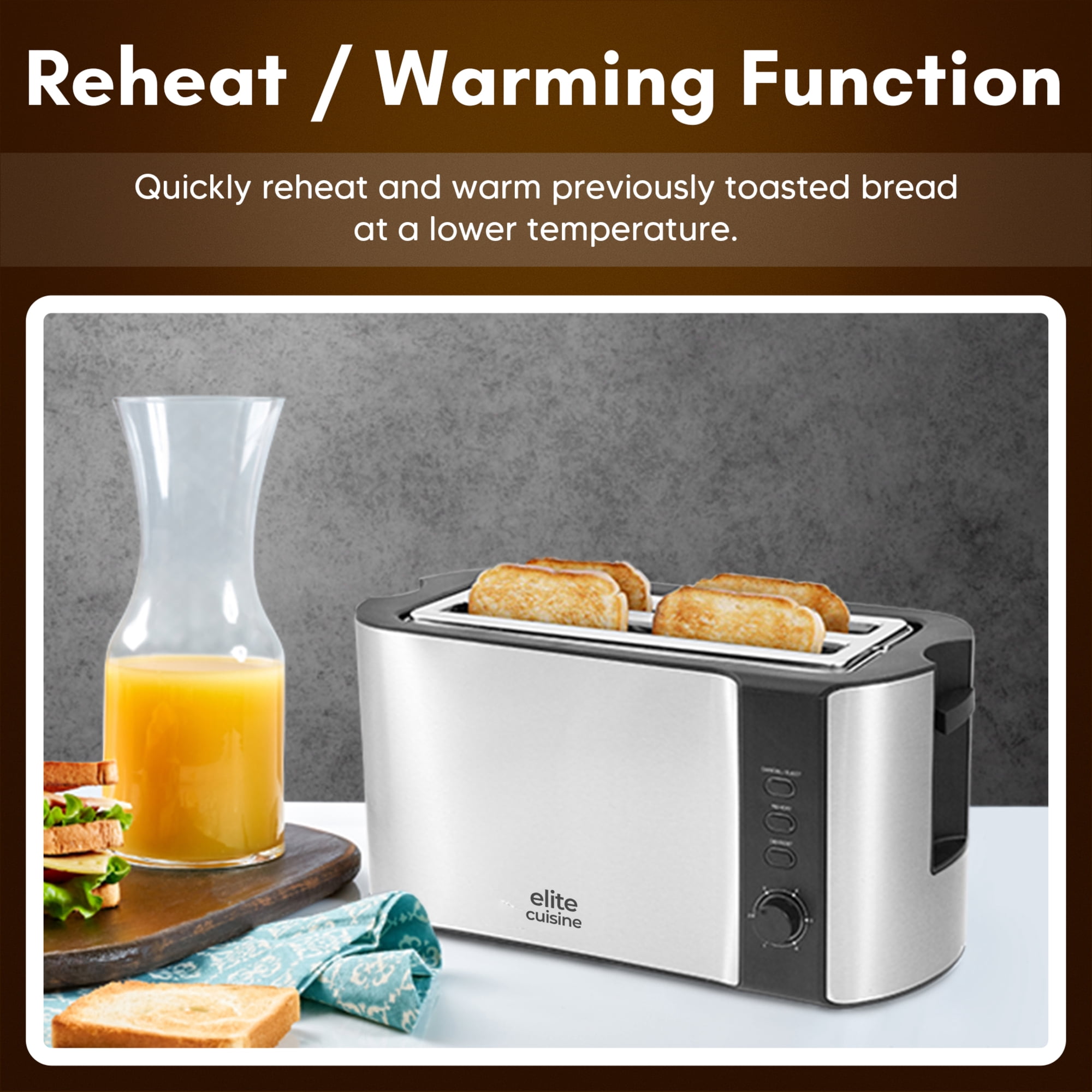 Elite Cuisine ECT3051 Stainless Steel 4 Slice Long Slot Toaster