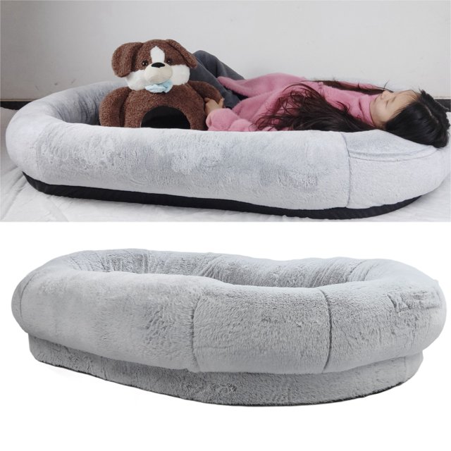 Cama Grande Para Perro Humano, Funda Extraíble Lavable, Y Evita Resbalones, Con Bolsillo, Gris Degradado, Diseño Ergonómico, Antideslizante, Escenario De Uso, Sala De
