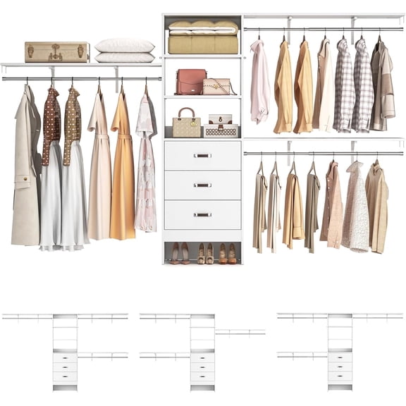 Homieasy 120'' Closet System, 10FT Walk In Closet Organizer with 3 Shelving Towers, Heavy Duty Clothes Rack with 3 Drawers, Built-In Garment Rack, White