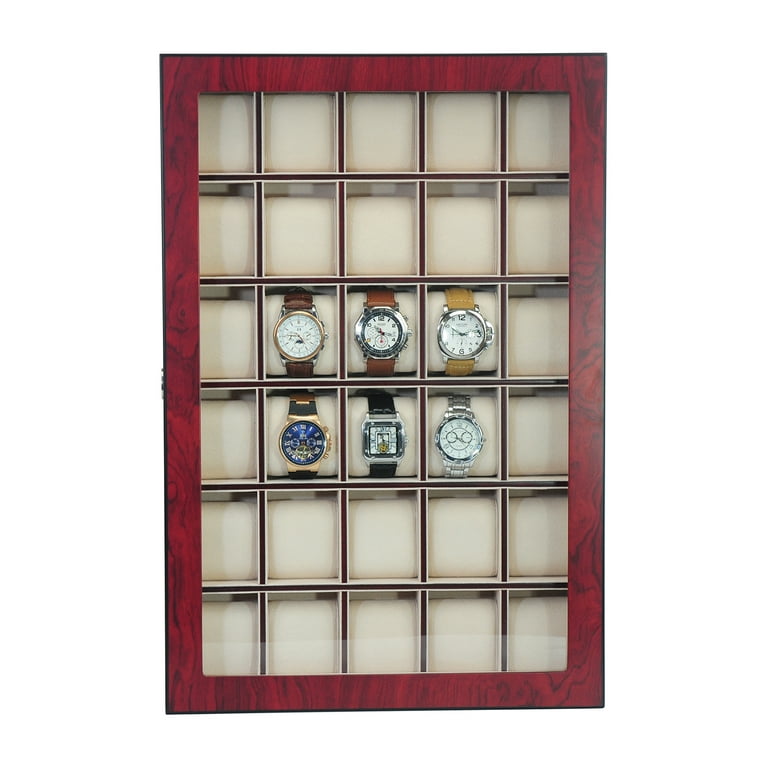 30 Piece Cherry Wood Watch Display Case Wall Stand Holds Watches