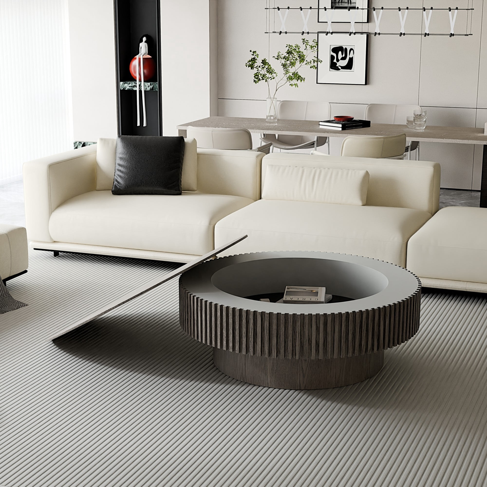 39.37" Round Coffee Table with Storage, Fluted Modern Coffee Table with Hidden Storage, Wood Veneer Center Table for Living Room, Grey