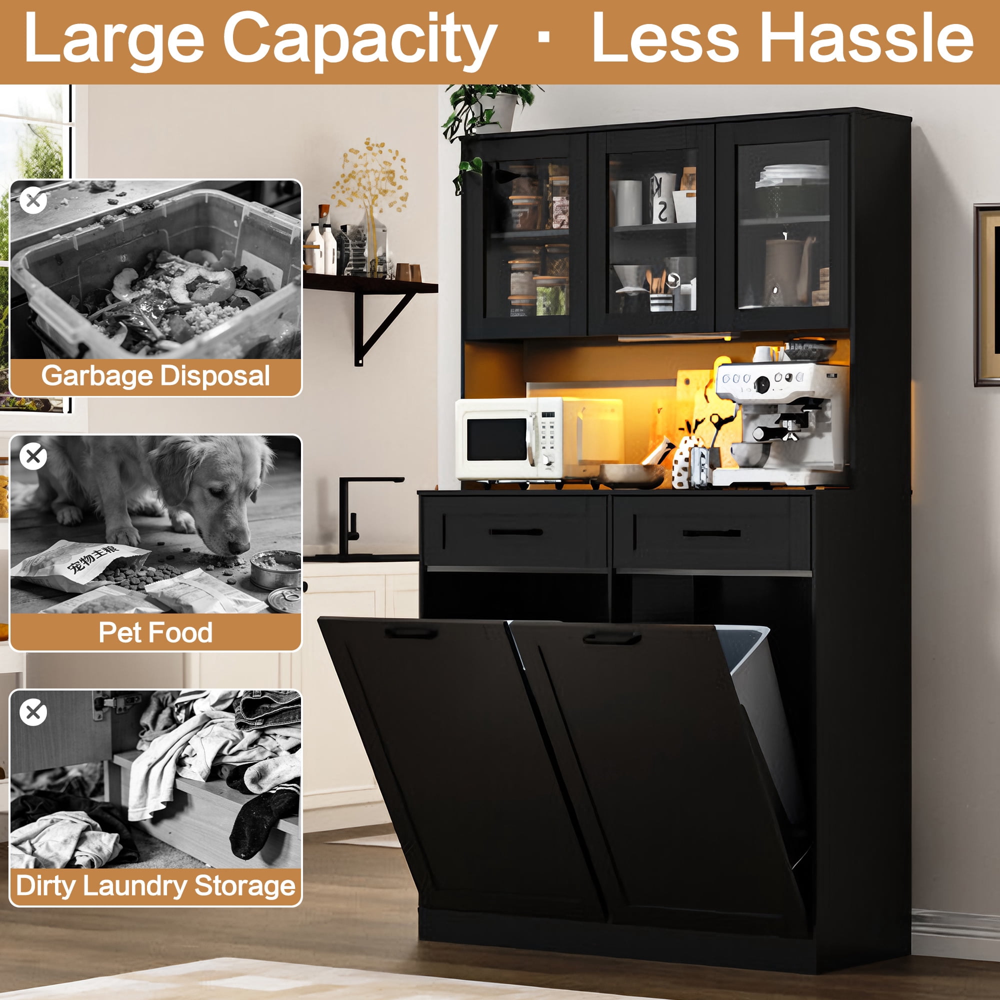 ANPOO 72.1"H Kitchen Pantry Storage Cabinet with Power Outlets & LED light, Kitchen Double Tilt Out Trash Cabinet 13X2 Gallon Garbage Holder with Two Drawers, Freestand Laundry Sort Cabinets