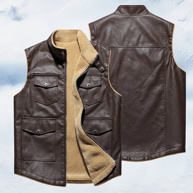 Veste en Cuir Décontractée Sans Manches Chaude à Col Uni pour Homme, Veste de Moto pour Activités de Plein Air
