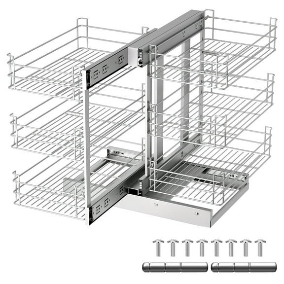 3-Tier Blind Corner Cabinet Pull Out Organizer, 26.8x17.9x23.6 Inch, 108 LBS Load, 6 Separate Shelves, Left/Right Open, Silver for Kitchen or Bathroom Blind Corner Cabinet