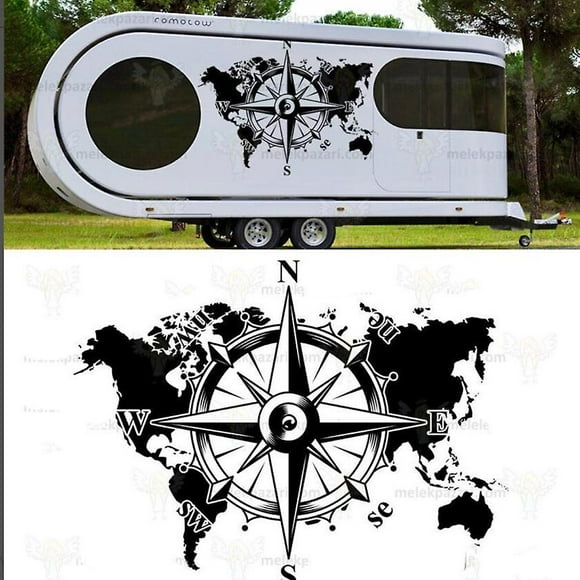 Compass World Map Caravan Car Sticker Decal Camper Rv Motorhome Off Road Travel Adventure Truck Vinyl Decor