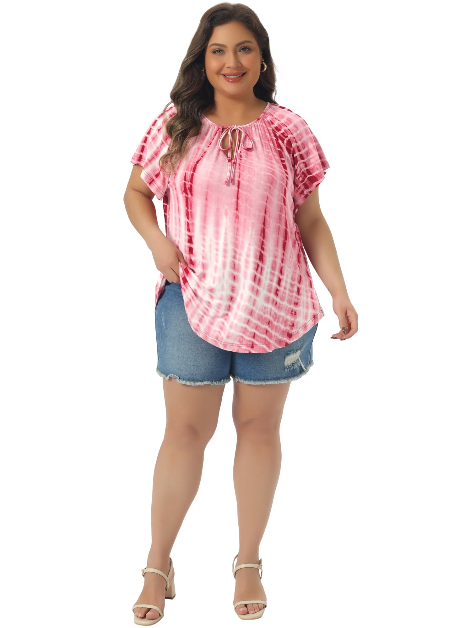 Women's Plus T-shirt Tye Dye Short Sleeve Casual Top with Comfort Fit 1X Pink