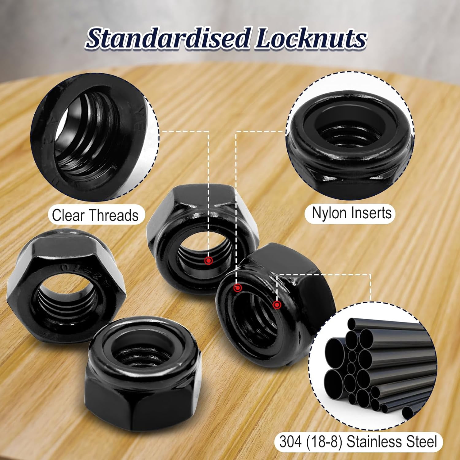 180 Pack Black Locknuts Assortment Kit, M3 M4 M5 M6 M8 M10 M12 Metric Black Nylon Insert Lock Nuts Set, 304 Stainless Steel Standard Threaded Nylock Nuts
