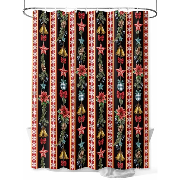 Fsddascl Merry Christmas Shower Curtain Set - 72" x 78" Washable Bathtub Curtain with 12 Hooks, Poinsettia Flower Xmas Star Bell Snowflake Waterproof Fabric Stall Shower Curtains for Bathroom/Bathtub