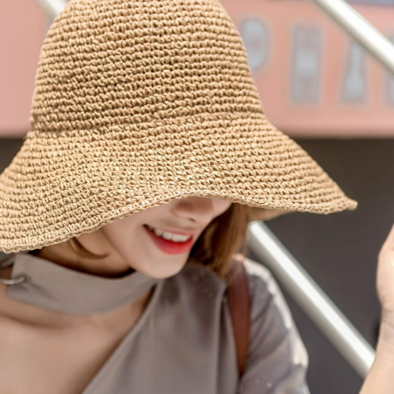 GMMGLT Women Floppy Straw Sun Hat Foldable Packable Wide Brim Summer Beach Hat Bucket Hat, Women's, Size: One size, Brown