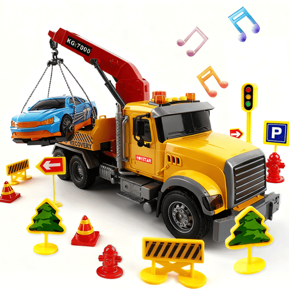 YCFUN Kids Tow Truck Toy Set with Lights & Sounds, Includes 1 Sports Car and 12 Traffic Markers, Friction-Powered Truck Toy for Kids Boys Ages 3