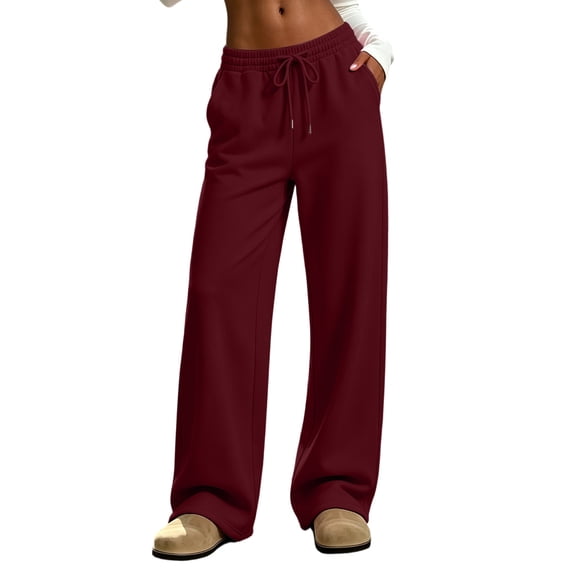 ZHYou No Boundarie Casual Sweatpants for Women Flared Solid Color Drawstring Baggy Fit Loungewear & Outdoor Trousers with Pockets,Wine,Size L