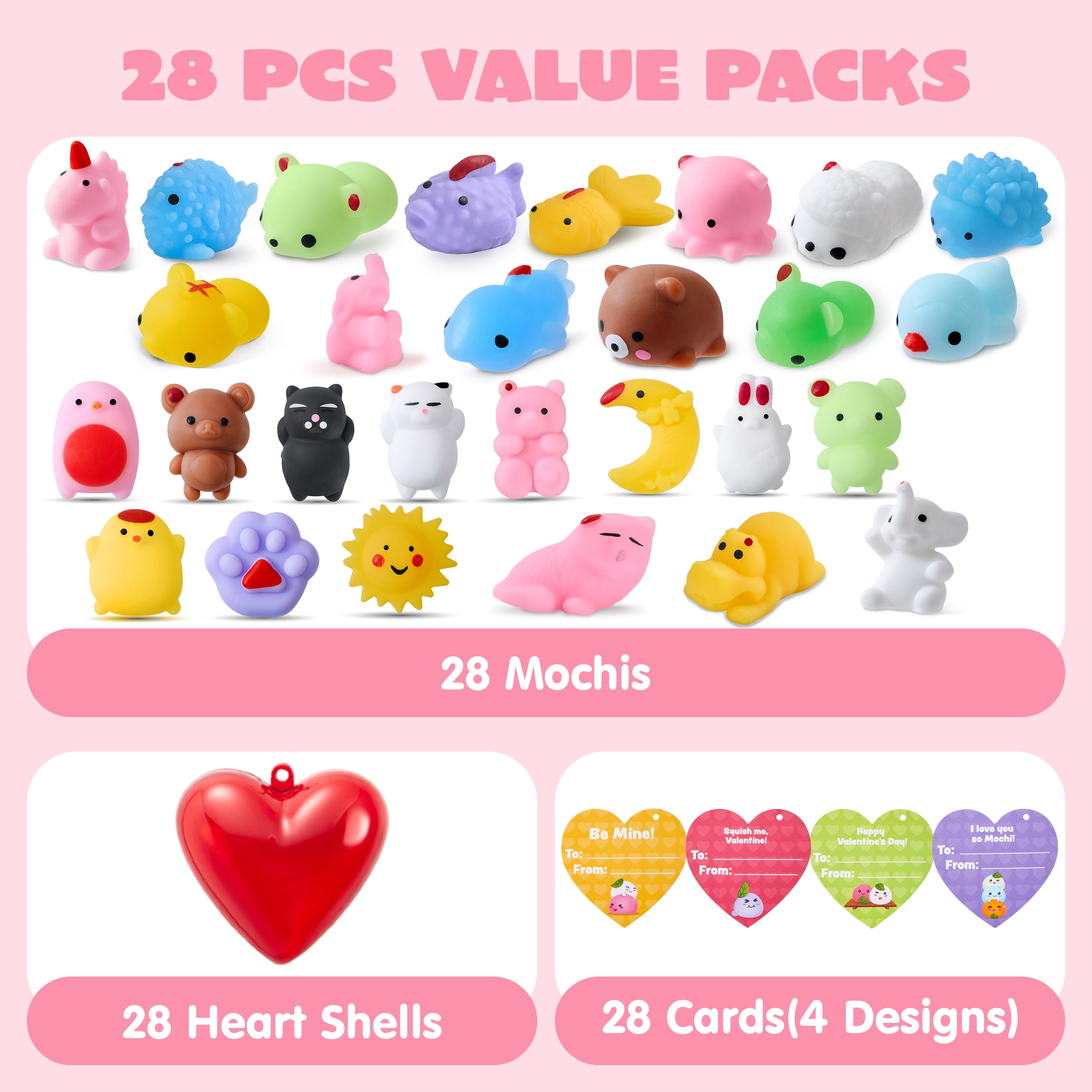 Joyfy 28 Packs Valentines Gifts for Kids, Stress Relief Mochi Squishy Toys Filled Hearts for Kids Classroom Exchange Cards Gifts, Valentines Party Favors