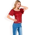 thumbnail image 3 of Women's Short Sleeve Square Neck Sequin Top for Special Occasions- Burgundy,Medium, 3 of 7