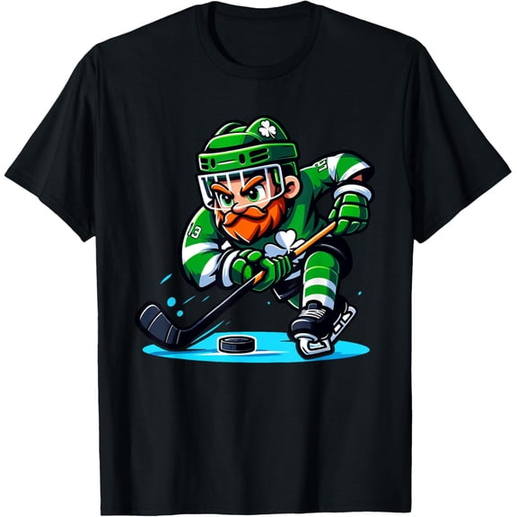Leprechaun Playing Hockey St Patricks Day Sport T-Shirt All Size S-5Xl