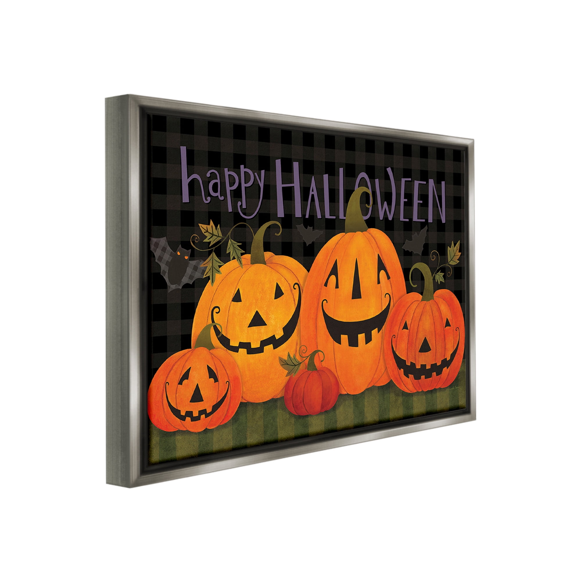 Stupell Industries Halloween Smiling Jack-o-Lanterns Holiday Painting Gray Floater Framed Canvas Art Print Wall Art, 21 x 17