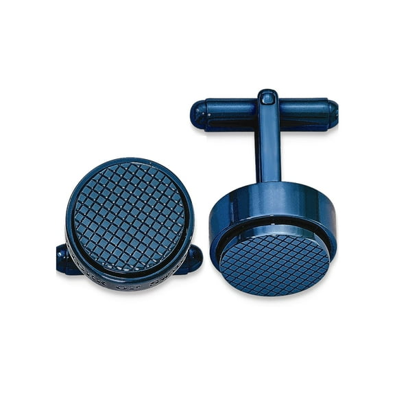 Stainless Steel Polished Textured Blue IP Plated Round Cuff Links