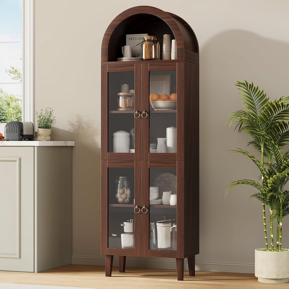 71" Tall Arched Cabinet with Acrylic Glass Door, Modern Curio Arched Bookcase, Display Cabinet Organizer, Kitchen Pantry with Top-Opening Storage Container for Living Dining Room, Brown