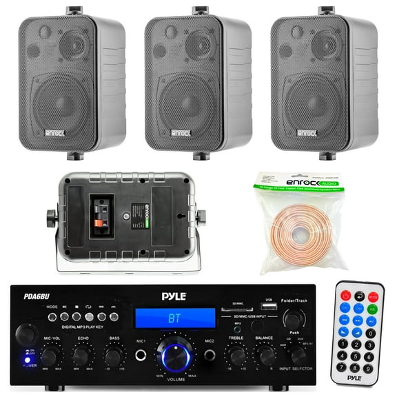 Pyle PDA6BU 200-Watt 2-Channel Digital USB/AUX AM/FM Radio Stereo Amplifier Receiver, Bundle Combo With 4x Enrock EKMR408B 4" Inch 200-Watt 3-Way Black Box Speakers   50 Feet 18-Gauge Speaker Wire