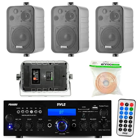 Pyle PDA6BU 200-Watt 2-Channel Digital USB/AUX AM/FM Radio Stereo Amplifier Receiver Bundle Combo With 4x Enrock EKMR408B 4 Inch 200-Watt 3-Way Black Box Speakers + 50 Feet 18-Gauge Speaker Wire