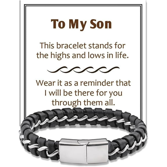 To My Son Bracelet from Mom Stainless Steel Leather Bracelet Gifts for Son Inspirational Birthday Gifts for Men