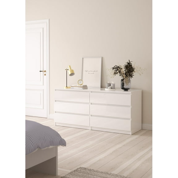 Tvilum Scottsdale 6 Drawer Double Dresser for Adults, White High Gloss