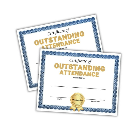Outstanding Attendance Certificate 30pk 8.5x11 for The Year Perfect Adult Sunday School for Students Class On Time Punctuality Blue Border