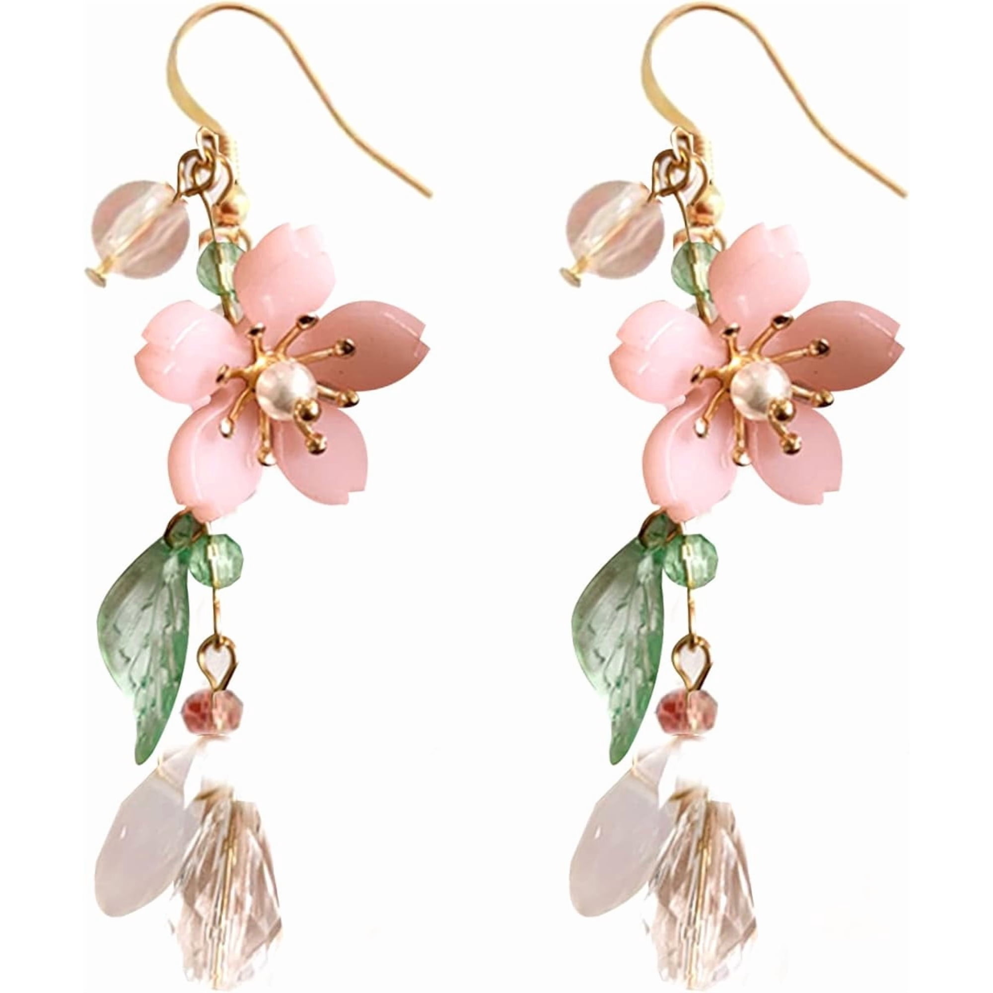 Pink Flower Dangle Earrings for Women Cute Asymmetry Flower Earrings Fairy Statement Summer Refreshing Seaside Idyllic Holiday Earrings